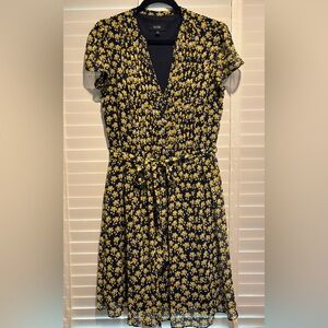 MSK Navy and Yellow V-Neck Flutter Sleeve Midi Dress